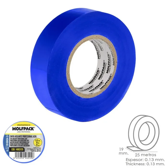 WOLFPACK LINEA PROFESIONAL 14063135 Profesional Azul Espesor 0.13 mm. Ancho 19 mm. Rollo 25 Metros Electricista, Cinta Aislante Cable, Multicolor