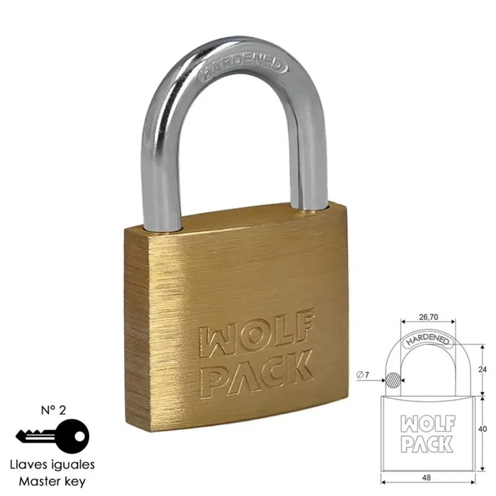 WOLFPACK LINEA PROFESIONAL – Candado Laton Arco Normal Llaves Iguales 50 mm. Nº2