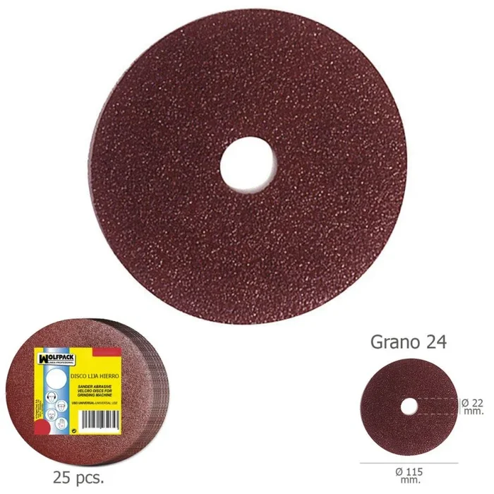 WOLFPACK LINEA PROFESIONAL – Disco Lija Hierro 115×22 mm. Grano 24 (Paquete 25 unidades)