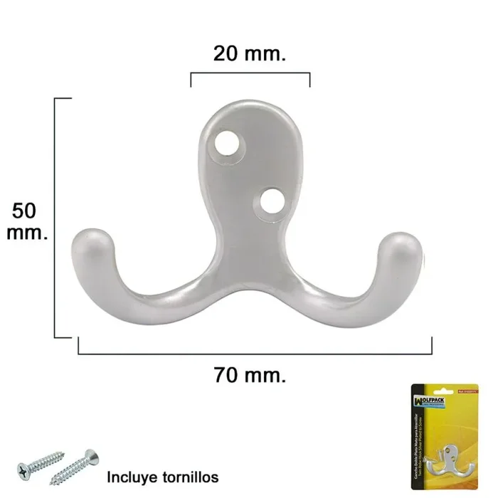 WOLFPACK LINEA PROFESIONAL – Gancho Doble Plata Mate Para Atornillar con tornillos incluidos.