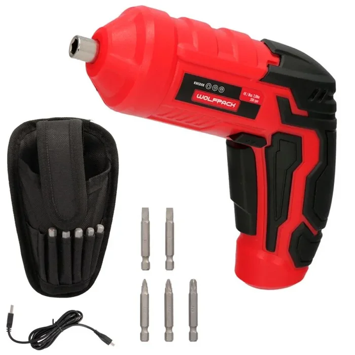WOLFPACK LINEA PROFESIONAL Atornillador 4V con LED, Funda, 5 Destornilladore