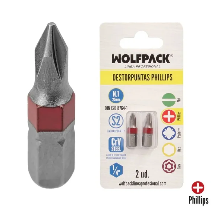 WOLFPACK LINEA PROFESIONAL Puntas Largas Destornillador Phillips Nº 1 (2 Piezas). Acero S2 al Cromo Vanadio. Puntas Hexagonales, Destorpuntas,