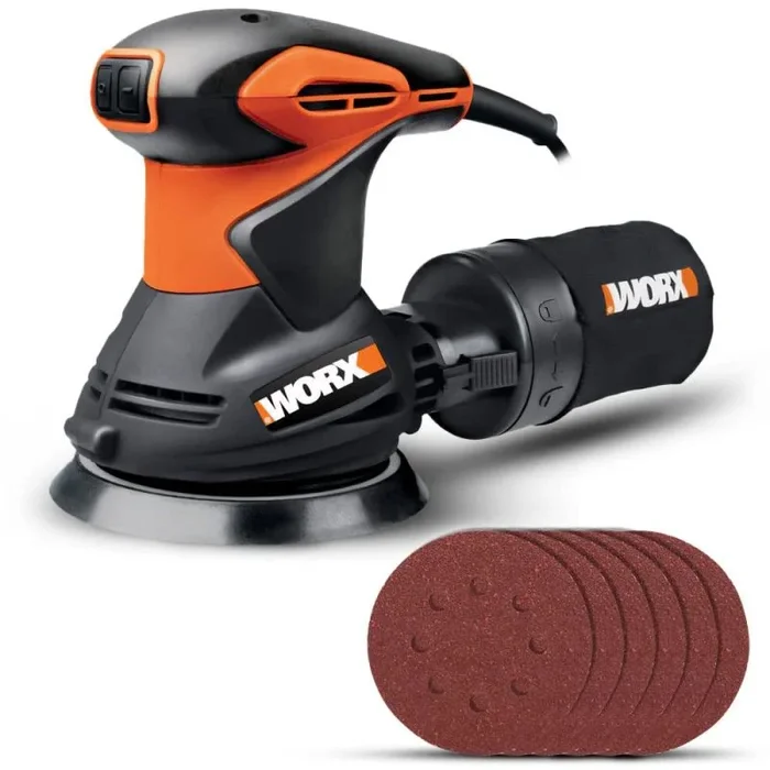 WORX Lijadora Rotorbital 300W 125mm | WX 652.1 | Sistema de aspiración de polvo y bolsa recoge polvo, sistema de anclaje por velcro, diseño ergonómico, compacto y ligero