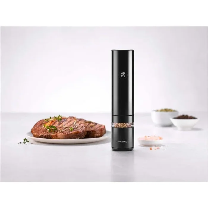 ZWILLING ENFINIGY Molinillo eléctrico de sal y pimienta con molinillo de cerámica y luz LED, Recargable por USB, Negro