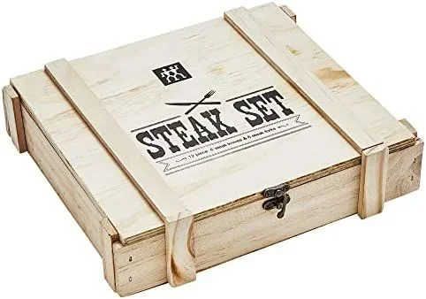 Zwilling Juego de cubiertos para bistec para 6 personas, 12 piezas, 6 cuchillos y 6 tenedores, Incluye caja de almacenamiento de madera, acero inoxidable/madera