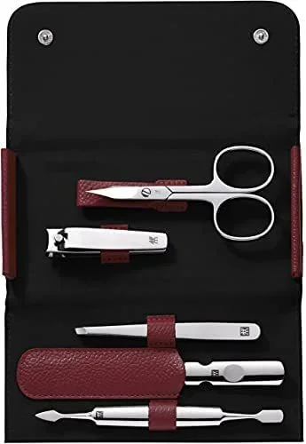 ZWILLING Set de manicura (5 piezas, set de pedicura en tamaño de viaje, con cortaúñas, estuche de piel auténtica), acero inoxidable pulido, rojo